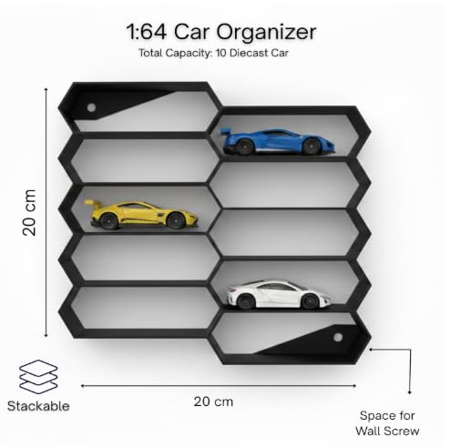 Apnatva 10-Car Hexagon Wall Rack Compatible with Hot Wheels Stand & 1:64 Die-Cast Cars | Stackable Wall Car Display Organizer with Side Guards & Screw Slot | Home & Office Decor (NO CAR INCLUDED)