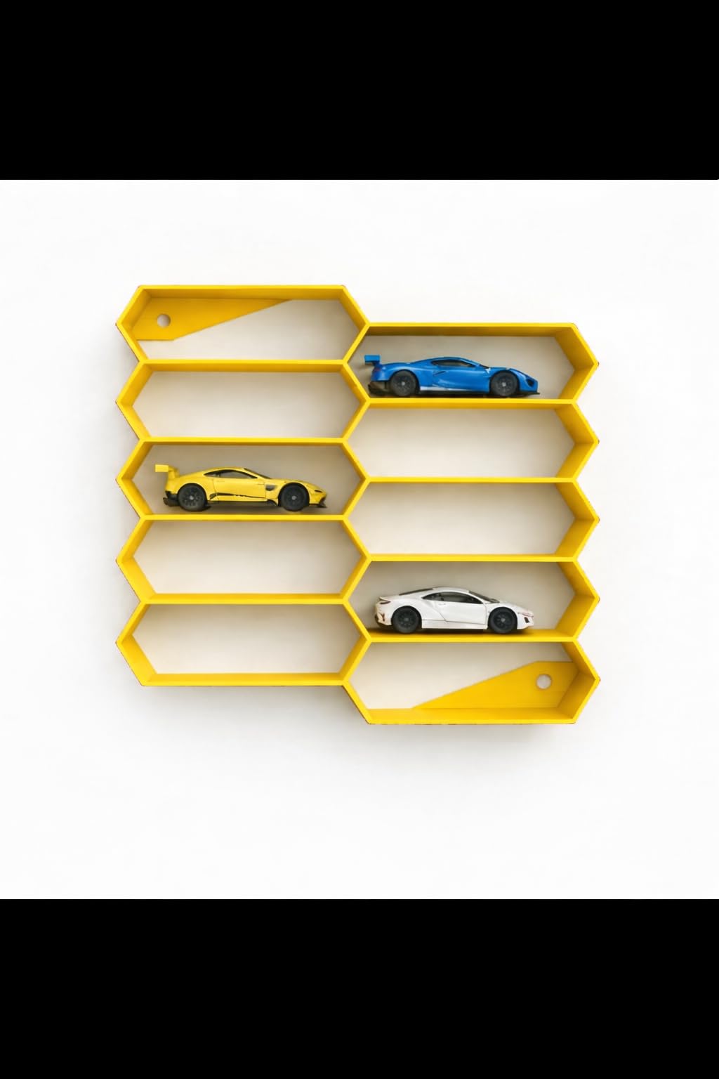 Apnatva 10-Car Hexagon Wall Rack Compatible with Hot Wheels Stand & 1:64 Die-Cast Cars | Stackable Wall Display Organizer with Side Guards & Screw Slot|Home & Office Decor (NO CAR INCLUDED)(Yellow)