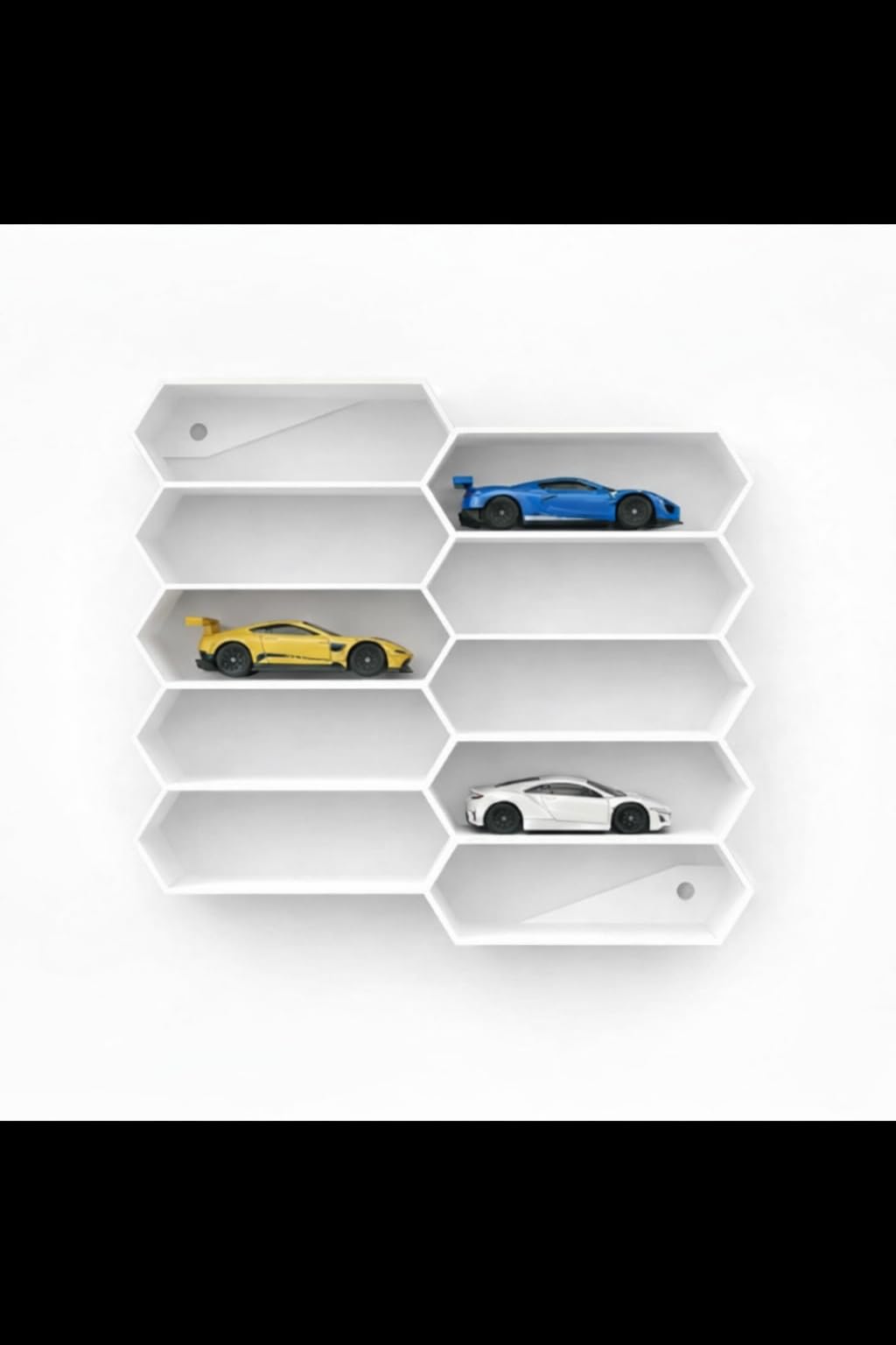 Apnatva 10-Car Hexagon Wall Rack Compatible with Hot Wheels Stand & 1:64 Die-Cast Cars | Stackable Wall Car Display Organizer with Side Guards & Screw Slot|Home & Office Decor (NO CAR INCLUDED)(White)