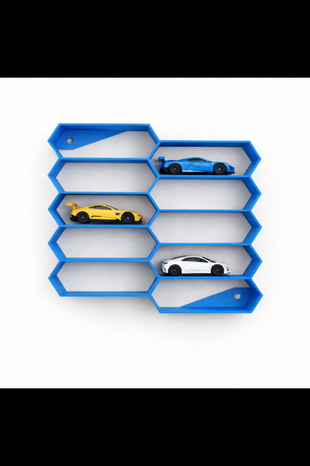 Apnatva 10-Car Hexagon Wall Rack Compatible with Hot Wheels Stand & 1:64 Die-Cast Cars | Stackable Wall Car Display Organizer with Side Guards & Screw Slot |Home & Office Decor (NO CAR INCLUDED)(Blue)