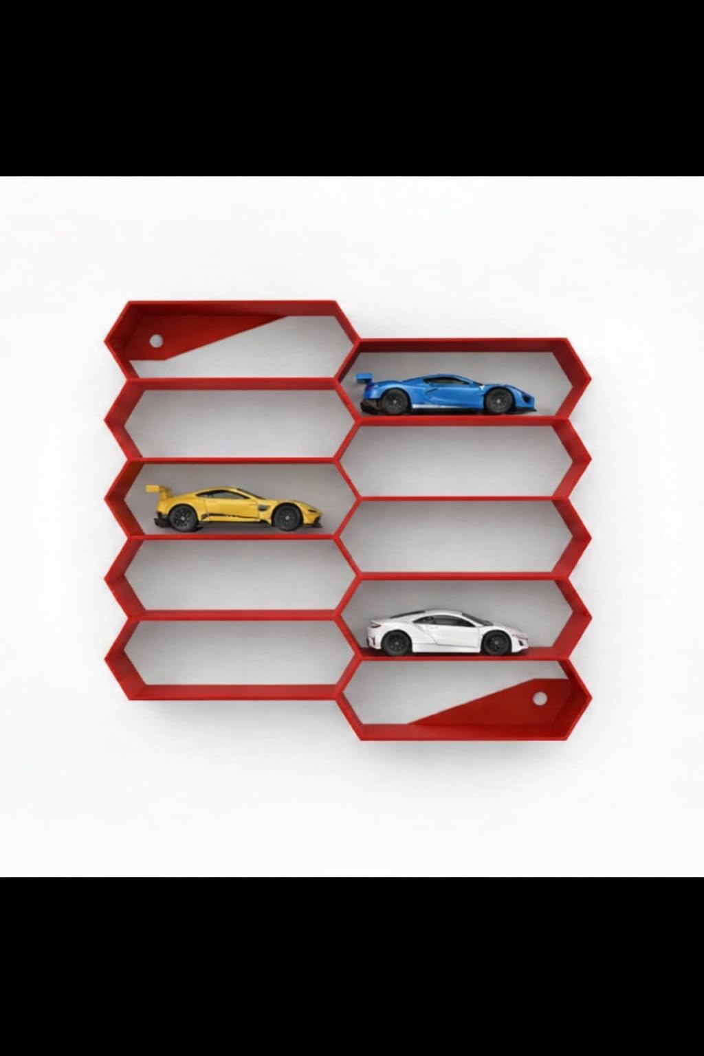 Apnatva 10-Car Hexagon Wall Rack Compatible with Hot Wheels Stand & 1:64 Die-Cast Cars | Stackable Wall Car Display Organizer with Side Guards & Screw Slot | Home & Office Decor (NO CAR INCLUDED)(Red)