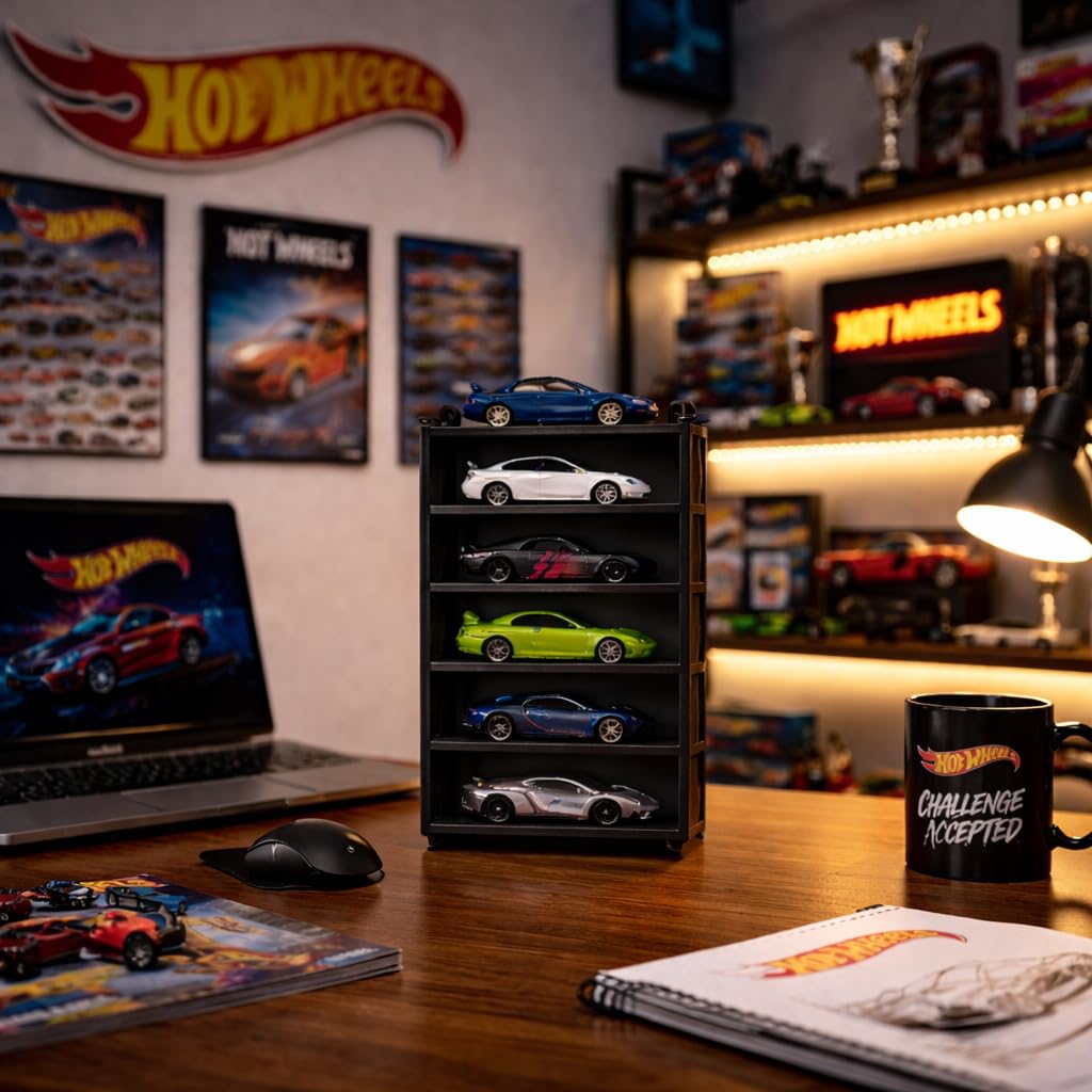 Apnatva 6-Car Display Rack – Premium Matte Black Tabletop Organizer with Tire Slots & Side Guards for 1:64 Scale Diecast Cars (Hot Wheels, Matchbox, Tomica,)(NO CAR INCLUDED)(Black)