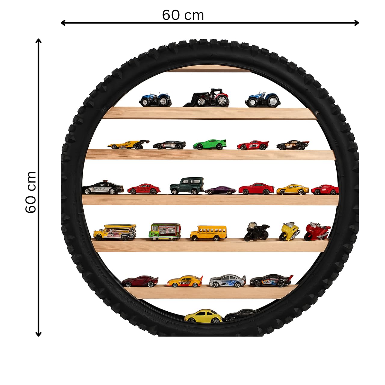 Apnatva 24 Inch Wooden Wall Hanging Lighting Tyre – Yellow Perfect for Home Decor, Hot Wheels Display, Kids’ Toys Stand & Birthday Gift (Without Toys)(Yellow)