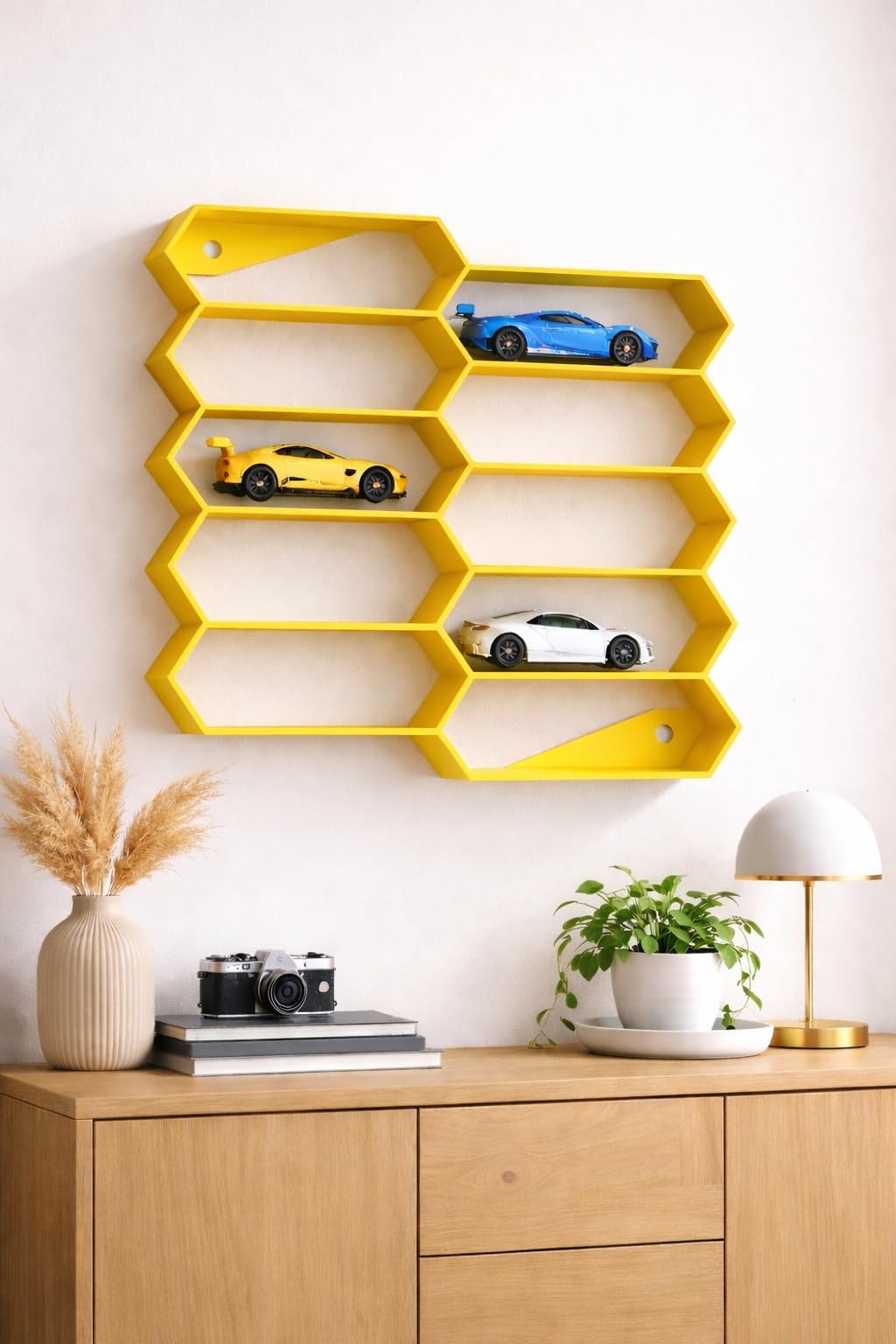 Apnatva 10-Car Hexagon Wall Rack Compatible with Hot Wheels Stand & 1:64 Die-Cast Cars | Stackable Wall Display Organizer with Side Guards & Screw Slot|Home & Office Decor (NO CAR INCLUDED)(Yellow)