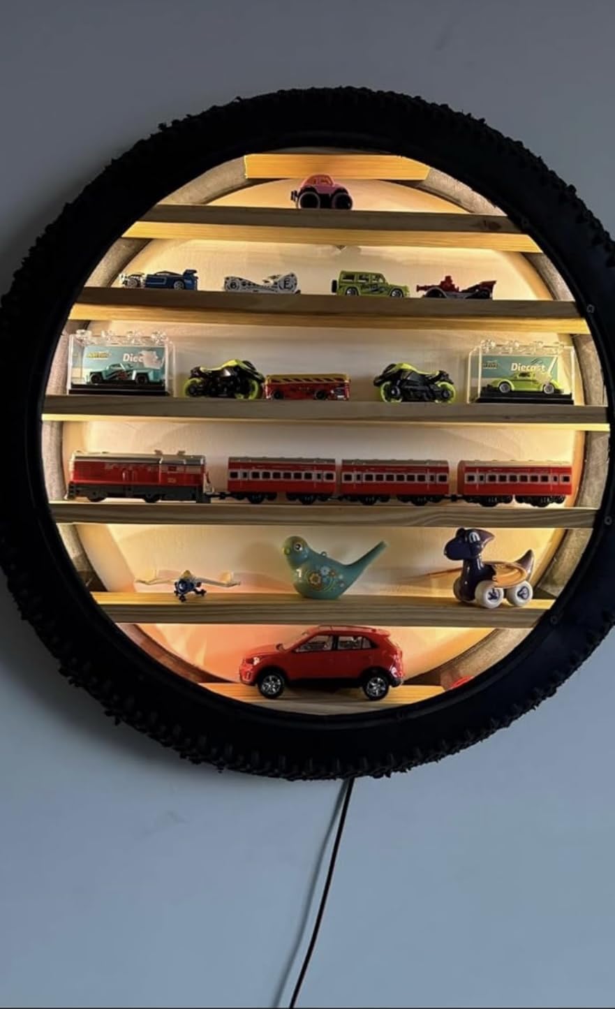Apnatva 24 Inch Wooden Wall Hanging Lighting Tyre – Perfect for Home Decor, Hot Wheels Display, Kids’ Toys Stand & Birthday Gift (Without Toys) (Yellow)