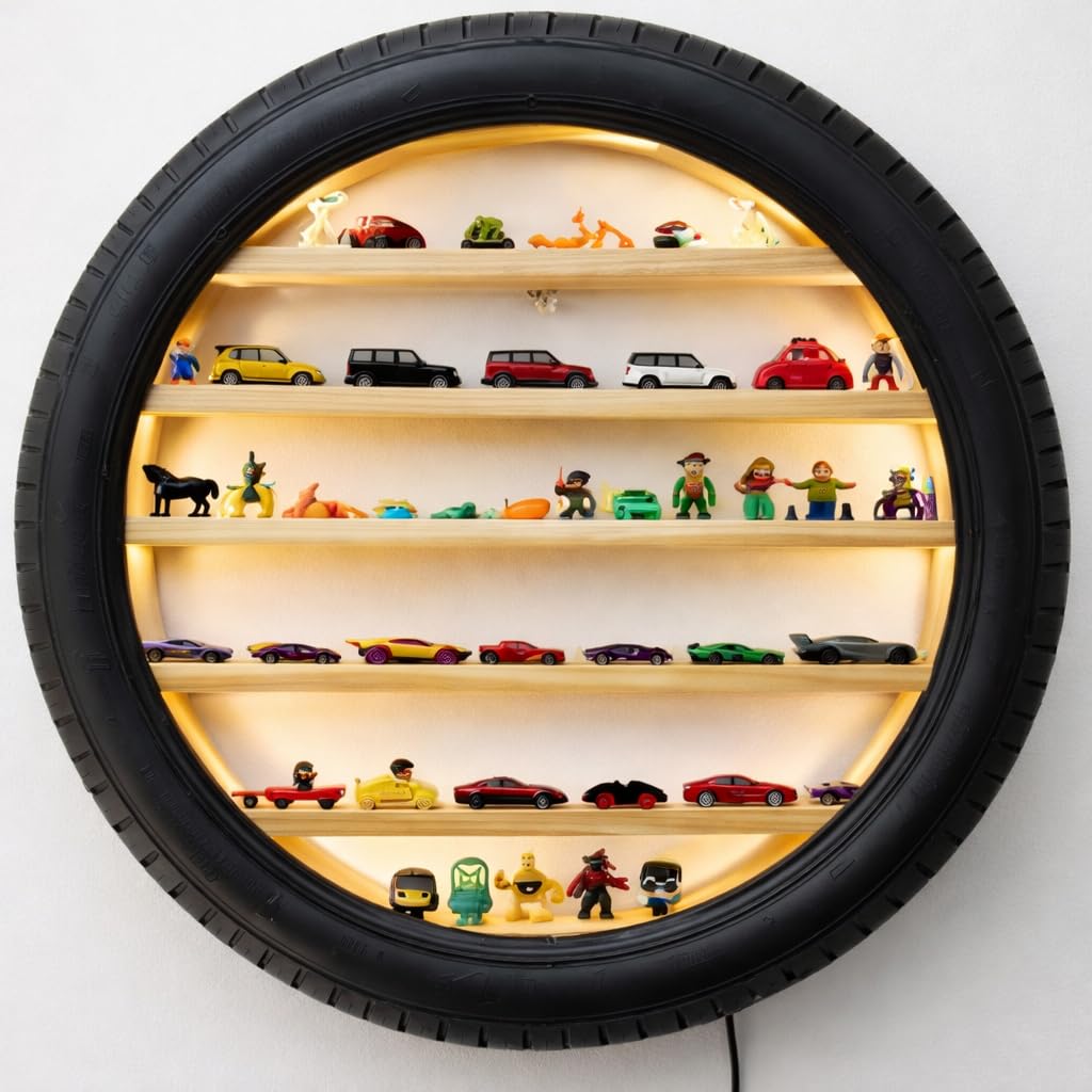 Apnatva™ 15-Inch Car Tyre Wooden Wall Hanging Lighting Tyre – Perfect for Home Decor, Hot Wheels Display, Kids’ Toys Stand & Birthday Gift (Without Toys) (Yellow)