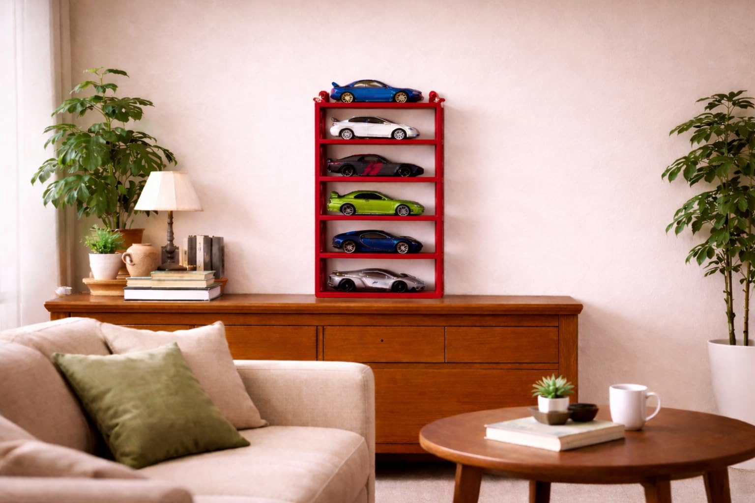 Apnatva 6-Car Display Rack – Premium Matte Black Tabletop Organizer with Tire Slots & Side Guards for 1:64 Scale Diecast Cars (Hot Wheels, Matchbox, Tomica,)(NO CAR INCLUDED) (Red)