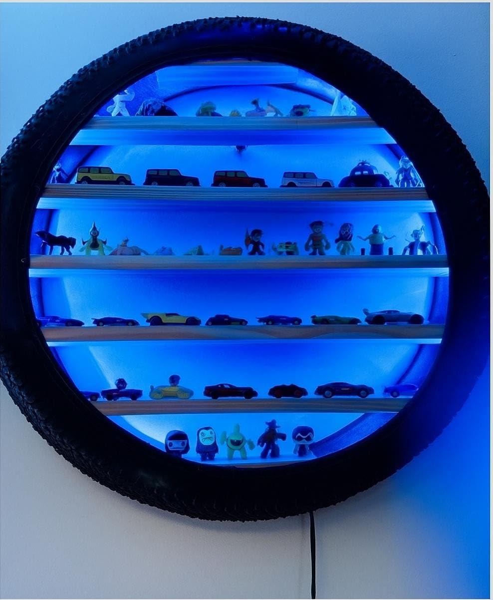 Apnatva 24 Inch Wooden Wall Hanging Lighting Tyre – Perfect for Home Decor, Hot Wheels Display, Kids’ Toys Stand & Birthday Gift (Without Toys) (Blue)