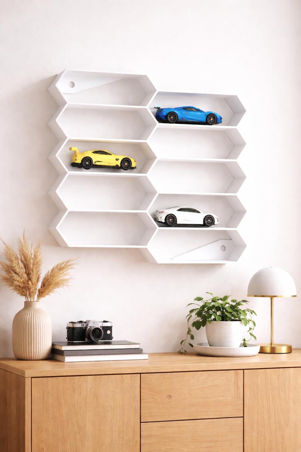Apnatva 10-Car Hexagon Wall Rack Compatible with Hot Wheels Stand & 1:64 Die-Cast Cars | Stackable Wall Car Display Organizer with Side Guards & Screw Slot|Home & Office Decor (NO CAR INCLUDED)(White)