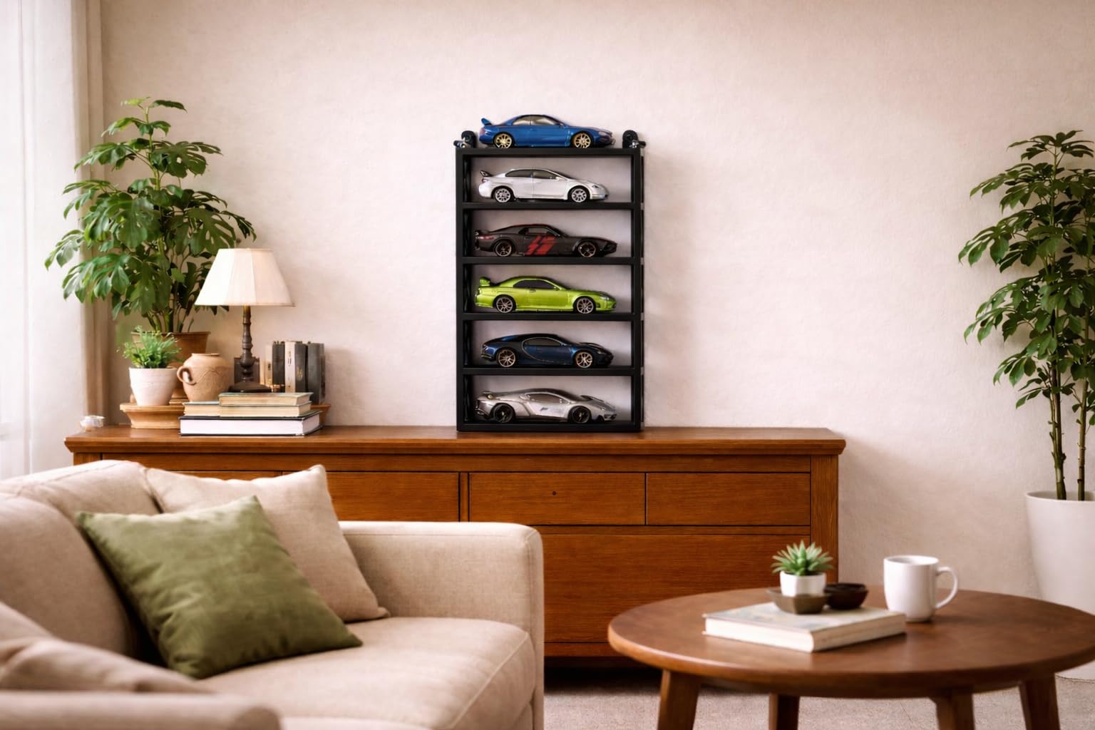Apnatva 6-Car Display Rack – Premium Matte Black Tabletop Organizer with Tire Slots & Side Guards for 1:64 Scale Diecast Cars (Hot Wheels, Matchbox, Tomica,)(NO CAR INCLUDED)(Black)