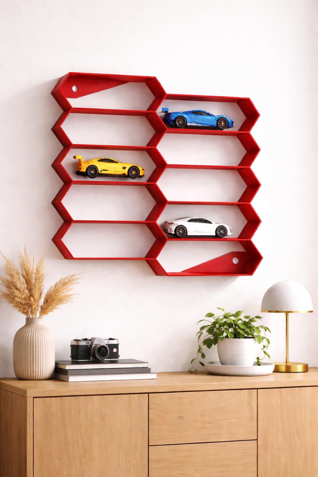 Apnatva 10-Car Hexagon Wall Rack Compatible with Hot Wheels Stand & 1:64 Die-Cast Cars | Stackable Wall Car Display Organizer with Side Guards & Screw Slot | Home & Office Decor (NO CAR INCLUDED)(Red)