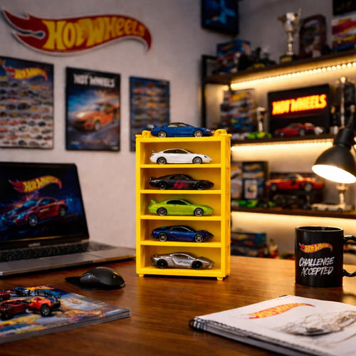 AApnatva 6-Car Display Rack – Premium Matte Black Tabletop Organizer with Tire Slots & Side Guards for 1:64 Scale Diecast Cars (Hot Wheels, Matchbox, Tomica,)(NO CAR INCLUDED) (Yellow)