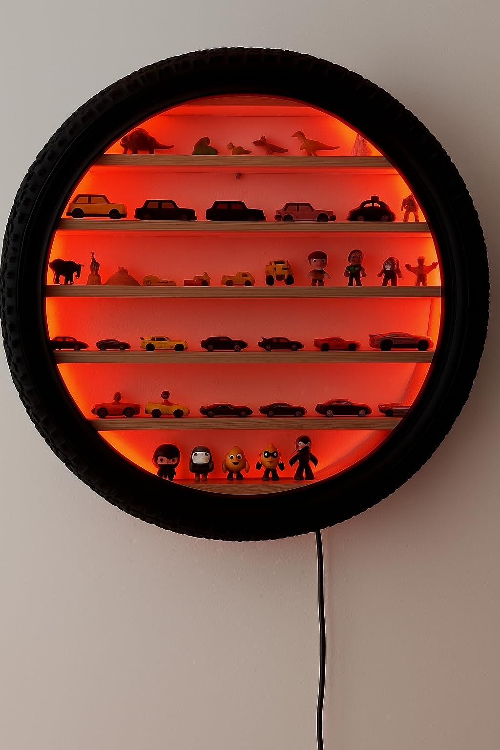 Apnatva 24 Inch Wooden Wall Hanging Lighting Tyre – Perfect for Home Decor, Hot Wheels Display, Kids’ Toys Stand & Birthday Gift (Without Toys) (RED)