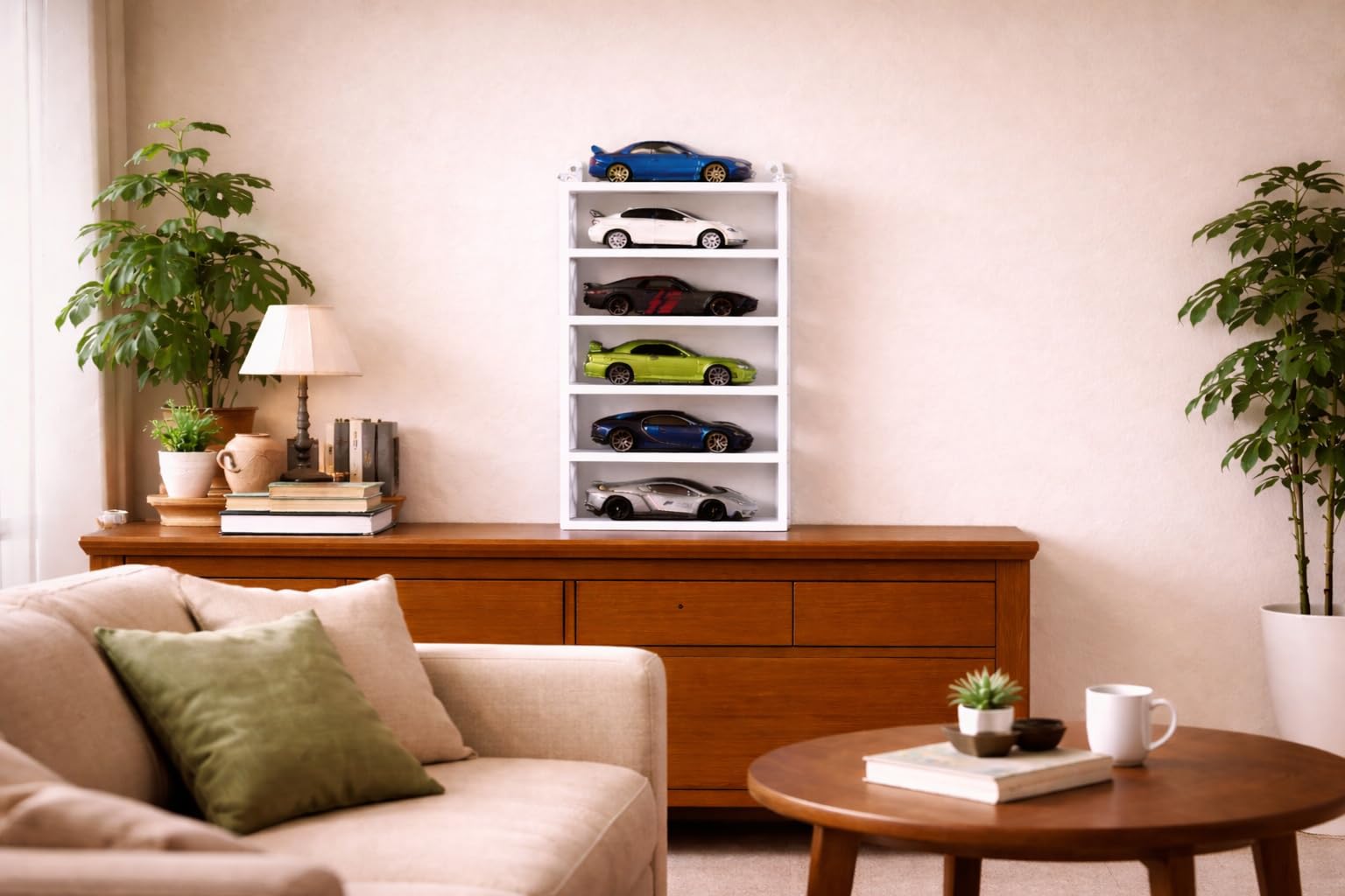 Apnatva 6-Car Display Rack – Premium Matte Black Tabletop Organizer with Tire Slots & Side Guards for 1:64 Scale Diecast Cars (Hot Wheels, Matchbox, Tomica,)(NO CAR INCLUDED) (White)