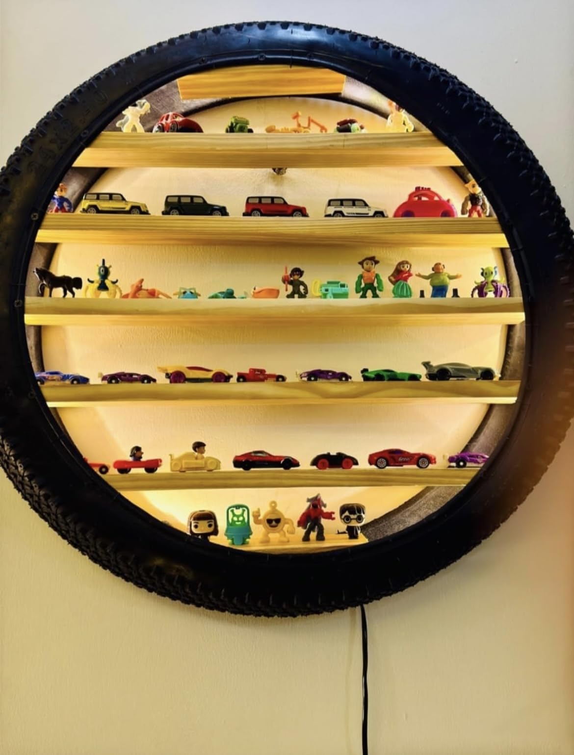Apnatva 24 Inch Wooden Wall Hanging Lighting Tyre – Yellow Perfect for Home Decor, Hot Wheels Display, Kids’ Toys Stand & Birthday Gift (Without Toys)(Yellow)