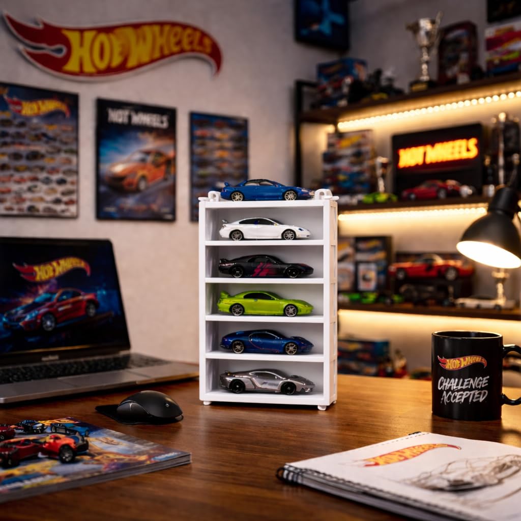 Apnatva 6-Car Display Rack – Premium Matte Black Tabletop Organizer with Tire Slots & Side Guards for 1:64 Scale Diecast Cars (Hot Wheels, Matchbox, Tomica,)(NO CAR INCLUDED) (White)