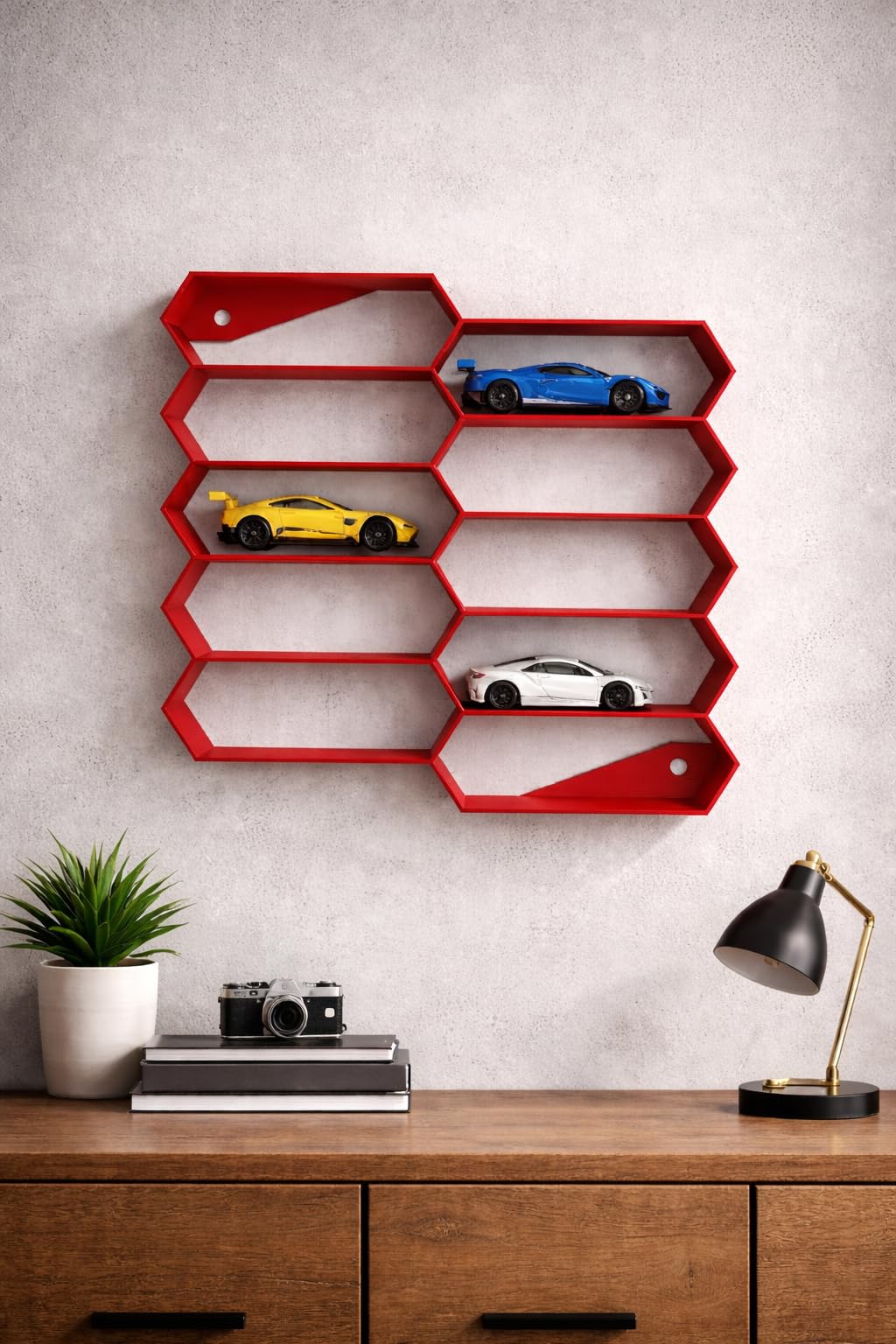 Apnatva 10-Car Hexagon Wall Rack Compatible with Hot Wheels Stand & 1:64 Die-Cast Cars | Stackable Wall Car Display Organizer with Side Guards & Screw Slot | Home & Office Decor (NO CAR INCLUDED)(Red)