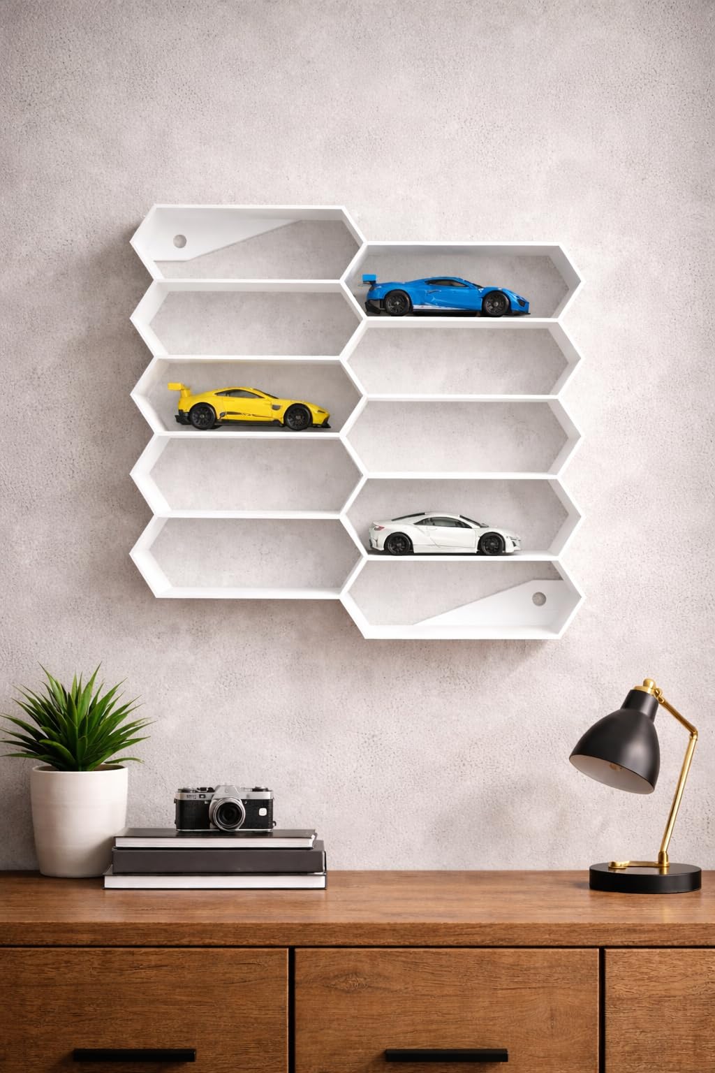 Apnatva 10-Car Hexagon Wall Rack Compatible with Hot Wheels Stand & 1:64 Die-Cast Cars | Stackable Wall Car Display Organizer with Side Guards & Screw Slot|Home & Office Decor (NO CAR INCLUDED)(White)