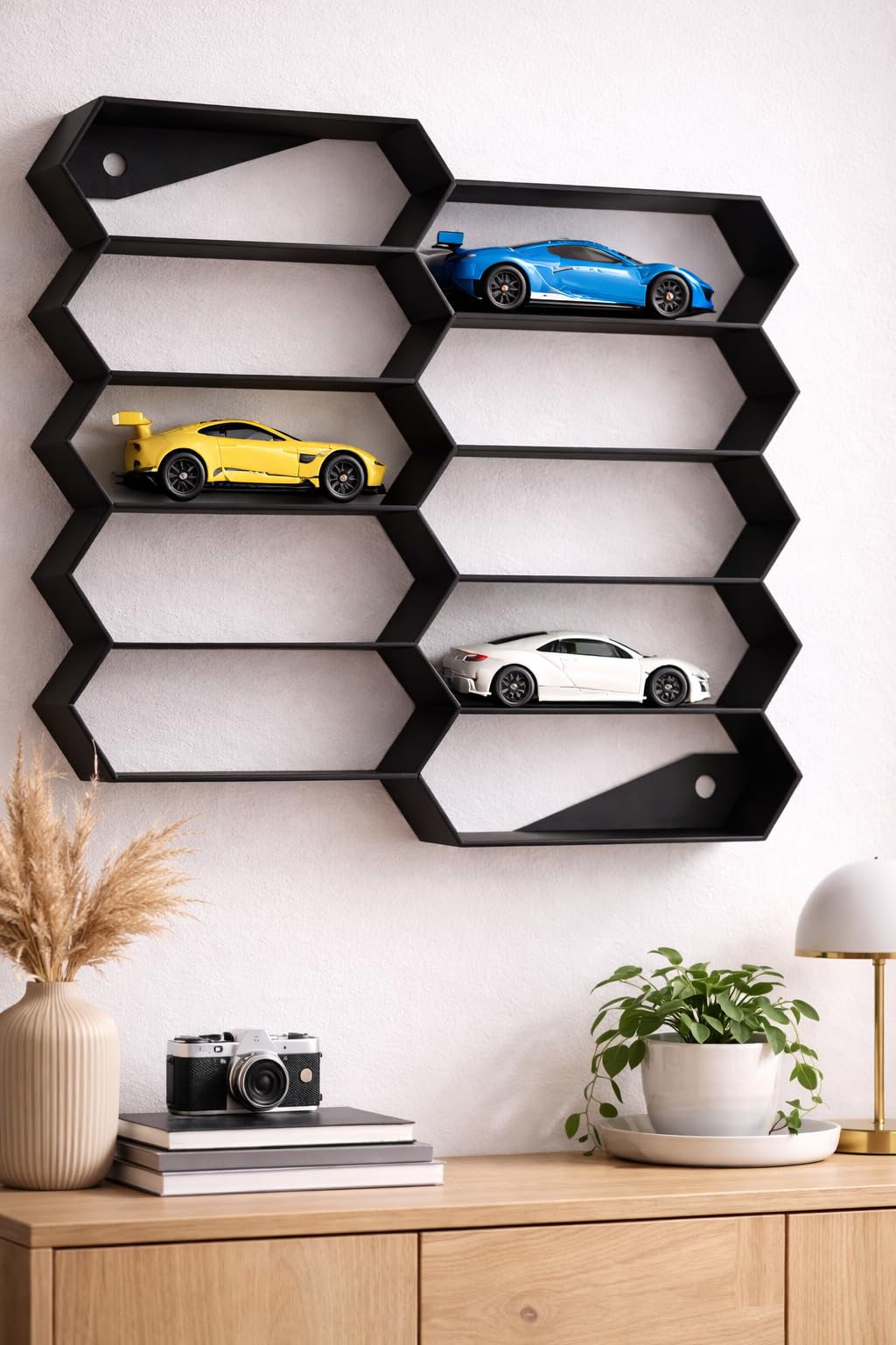 Apnatva 10-Car Hexagon Wall Rack Compatible with Hot Wheels Stand & 1:64 Die-Cast Cars | Stackable Wall Car Display Organizer with Side Guards & Screw Slot | Home & Office Decor (NO CAR INCLUDED)