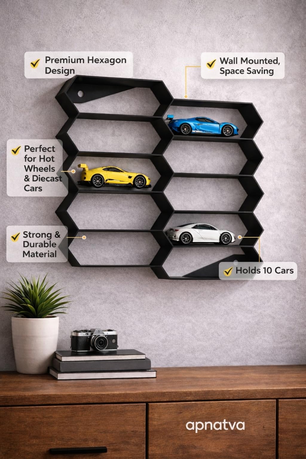 Apnatva 10-Car Hexagon Wall Rack Compatible with Hot Wheels Stand & 1:64 Die-Cast Cars | Stackable Wall Car Display Organizer with Side Guards & Screw Slot | Home & Office Decor (NO CAR INCLUDED)