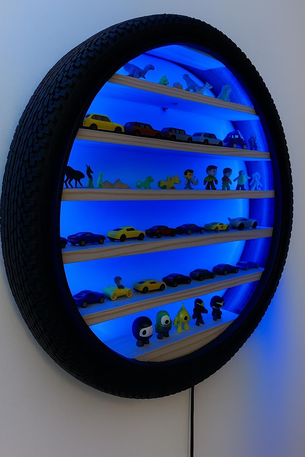 Apnatva 24 Inch Wooden Wall Hanging Lighting Tyre – Perfect for Home Decor, Hot Wheels Display, Kids’ Toys Stand & Birthday Gift (Without Toys) (Blue)