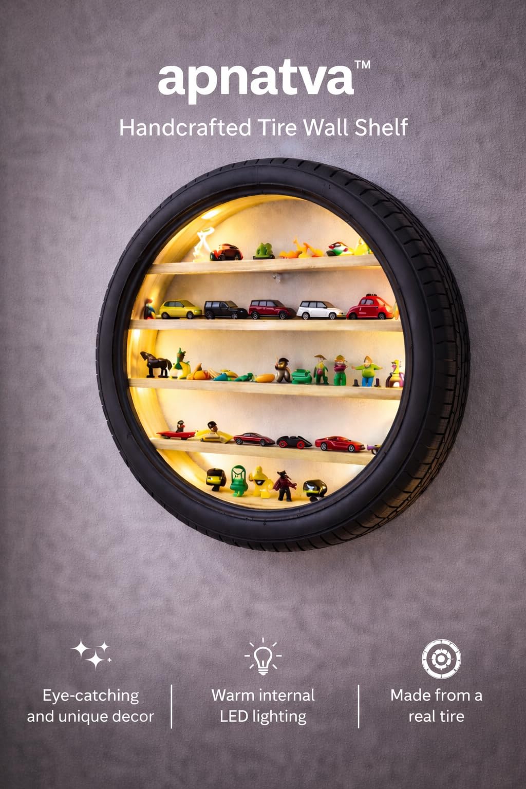 Apnatva™ 15-Inch Car Tyre Wooden Wall Hanging Lighting Tyre – Perfect for Home Decor, Hot Wheels Display, Kids’ Toys Stand & Birthday Gift (Without Toys) (Yellow)