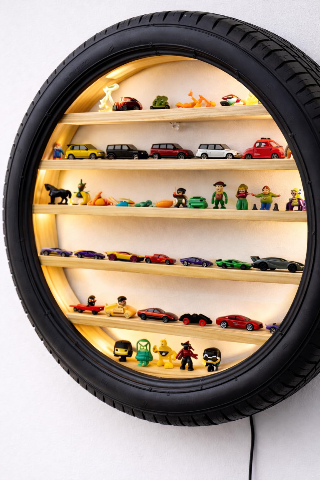 Apnatva™ 15-Inch Car Tyre Wooden Wall Hanging Lighting Tyre – Perfect for Home Decor, Hot Wheels Display, Kids’ Toys Stand & Birthday Gift (Without Toys) (Yellow)