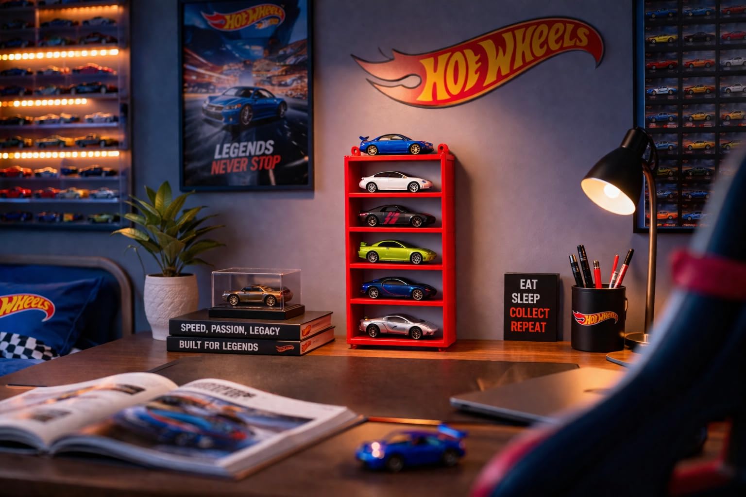 Apnatva 6-Car Display Rack – Premium Matte Black Tabletop Organizer with Tire Slots & Side Guards for 1:64 Scale Diecast Cars (Hot Wheels, Matchbox, Tomica,)(NO CAR INCLUDED) (Red)