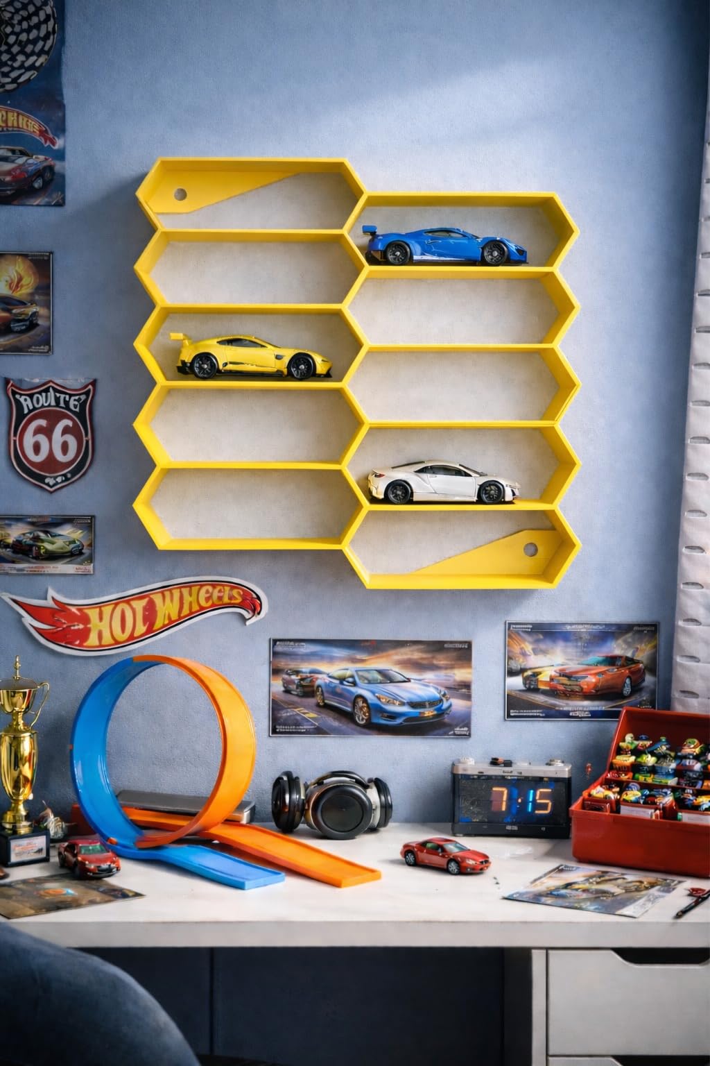 Apnatva 10-Car Hexagon Wall Rack Compatible with Hot Wheels Stand & 1:64 Die-Cast Cars | Stackable Wall Display Organizer with Side Guards & Screw Slot|Home & Office Decor (NO CAR INCLUDED)(Yellow)