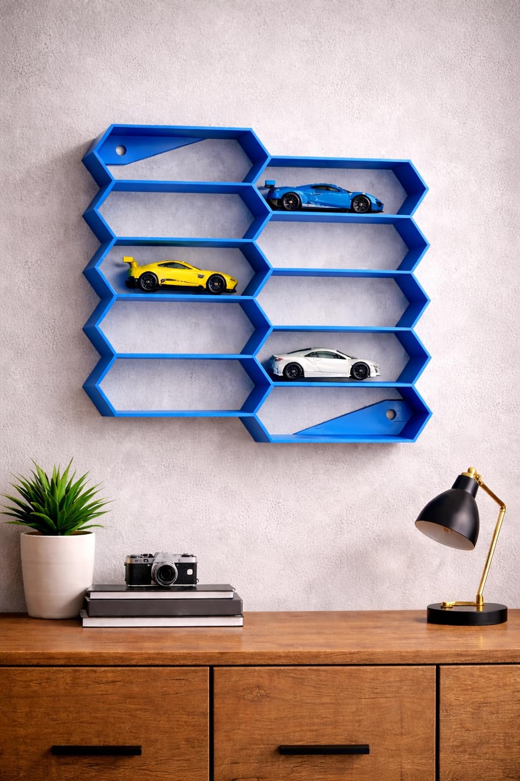 Apnatva 10-Car Hexagon Wall Rack Compatible with Hot Wheels Stand & 1:64 Die-Cast Cars | Stackable Wall Car Display Organizer with Side Guards & Screw Slot |Home & Office Decor (NO CAR INCLUDED)(Blue)