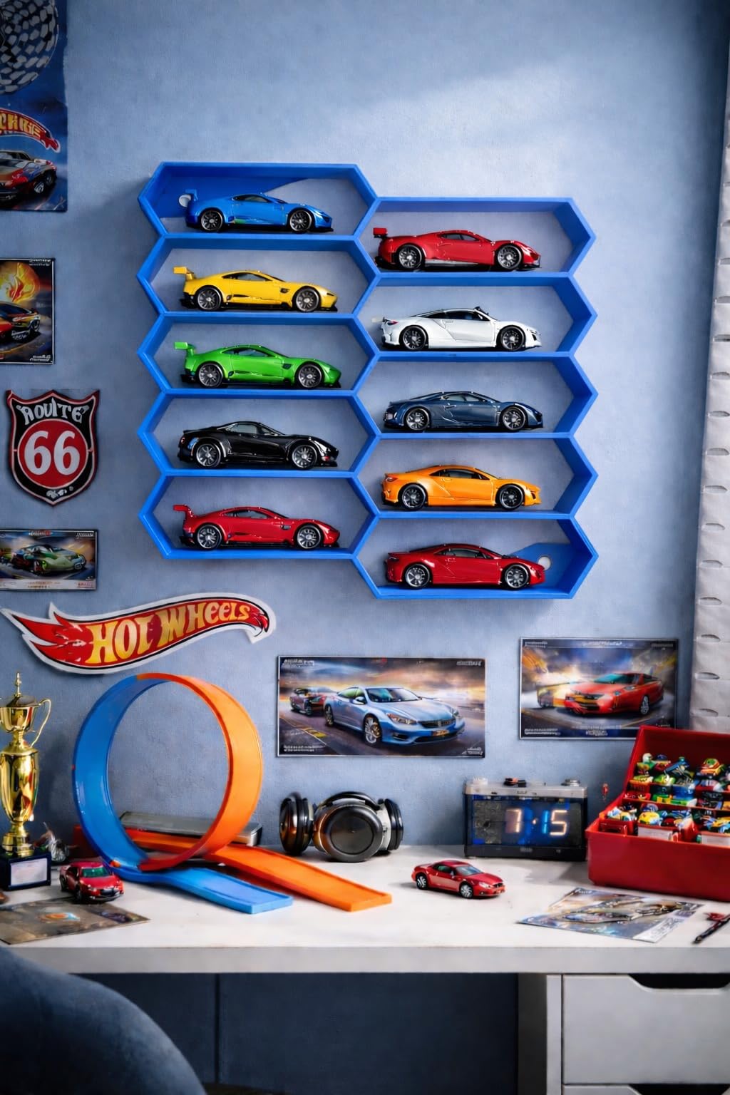 Apnatva 10-Car Hexagon Wall Rack Compatible with Hot Wheels Stand & 1:64 Die-Cast Cars | Stackable Wall Car Display Organizer with Side Guards & Screw Slot |Home & Office Decor (NO CAR INCLUDED)(Blue)