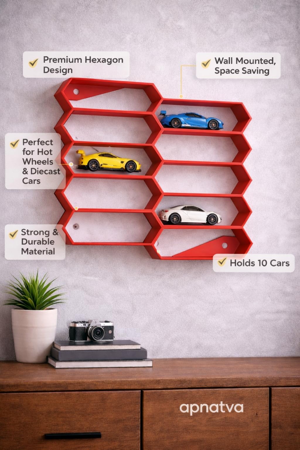 Apnatva 10-Car Hexagon Wall Rack Compatible with Hot Wheels Stand & 1:64 Die-Cast Cars | Stackable Wall Car Display Organizer with Side Guards & Screw Slot | Home & Office Decor (NO CAR INCLUDED)(Red)