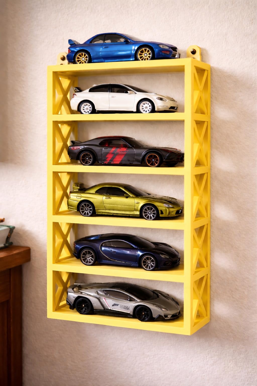 AApnatva 6-Car Display Rack – Premium Matte Black Tabletop Organizer with Tire Slots & Side Guards for 1:64 Scale Diecast Cars (Hot Wheels, Matchbox, Tomica,)(NO CAR INCLUDED) (Yellow)