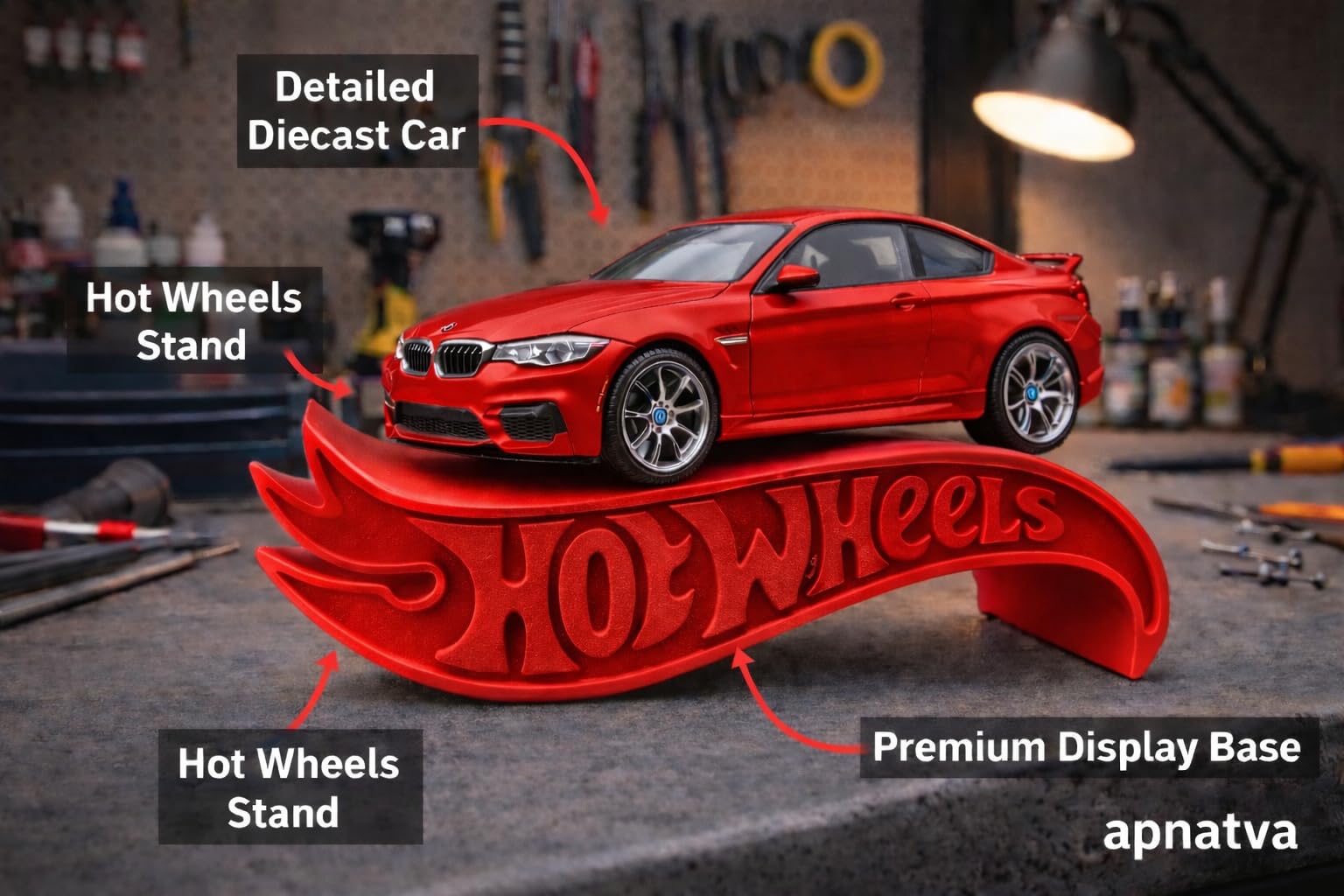 Apnatva 1:64 Diecast Car Display Shelves | Table Stand Toy Car Stand for Kids & Collectors | Black Steel Mini Car Rack for Home & Office Decor | (Pack of 5) (No Car Included) (Red)