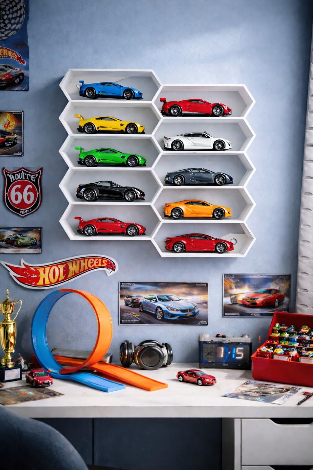 Apnatva 10-Car Hexagon Wall Rack Compatible with Hot Wheels Stand & 1:64 Die-Cast Cars | Stackable Wall Car Display Organizer with Side Guards & Screw Slot|Home & Office Decor (NO CAR INCLUDED)(White)