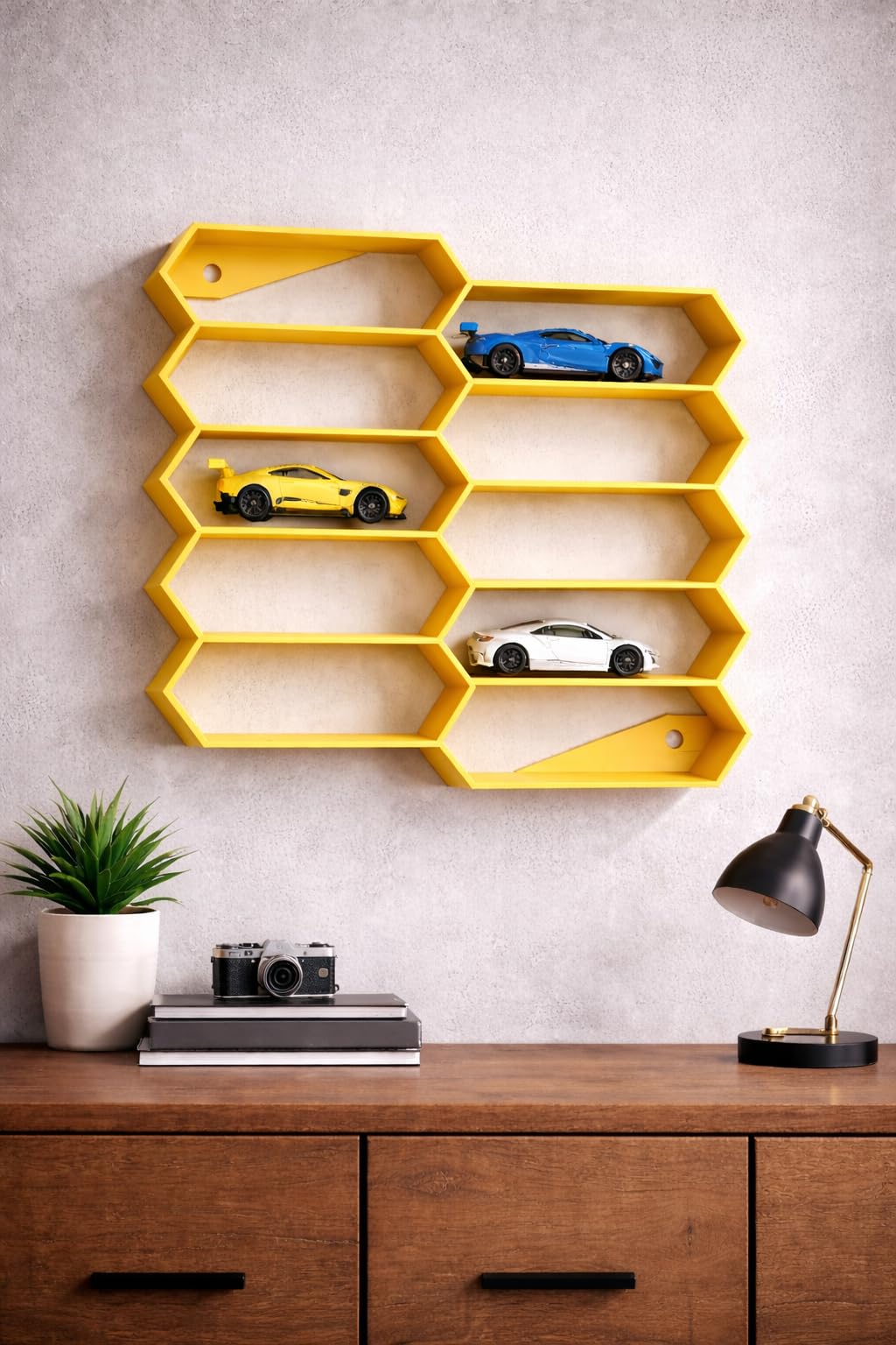 Apnatva 10-Car Hexagon Wall Rack Compatible with Hot Wheels Stand & 1:64 Die-Cast Cars | Stackable Wall Display Organizer with Side Guards & Screw Slot|Home & Office Decor (NO CAR INCLUDED)(Yellow)