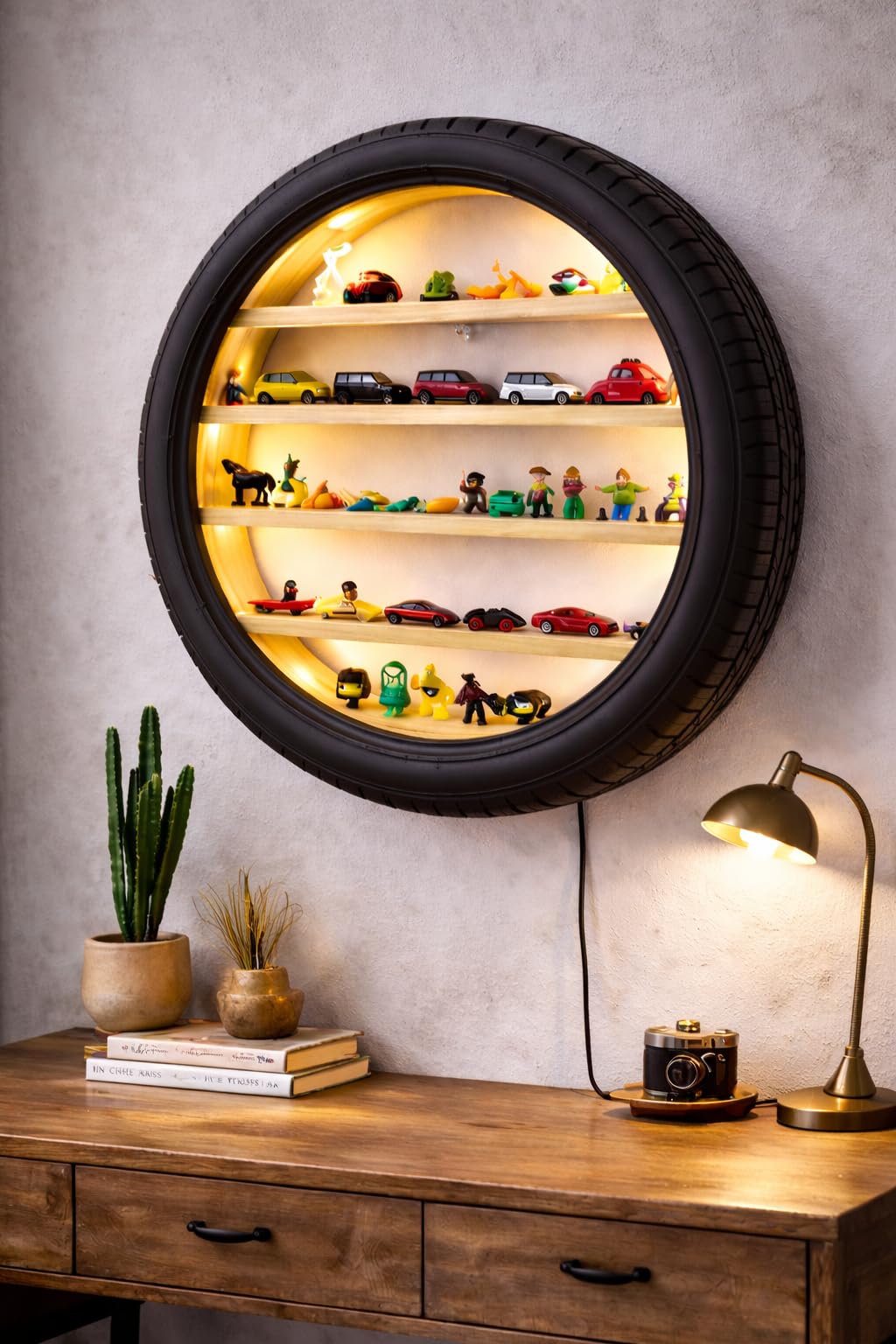 Apnatva™ 15-Inch Car Tyre Wooden Wall Hanging Lighting Tyre – Perfect for Home Decor, Hot Wheels Display, Kids’ Toys Stand & Birthday Gift (Without Toys) (Yellow)
