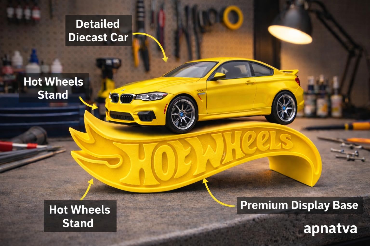 Apnatva 1:64 Diecast Car Display Shelves | Table Stand Toy Car Stand for Kids & Collectors | Black Steel Mini Car Rack for Home & Office Decor | (Pack of 5) (No Car Included) (Yellow)