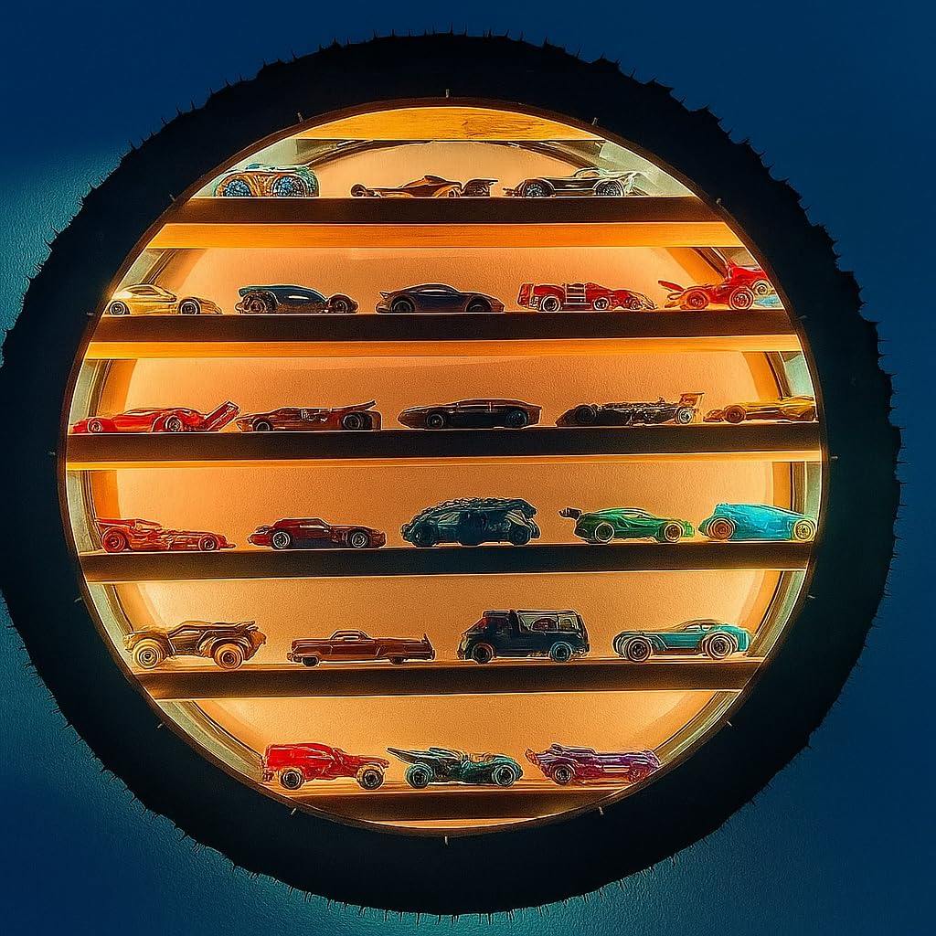 Apnatva 24 Inch Wooden Wall Hanging Lighting Tyre – Perfect for Home Decor, Hot Wheels Display, Kids’ Toys Stand & Birthday Gift (Without Toys) (Yellow)