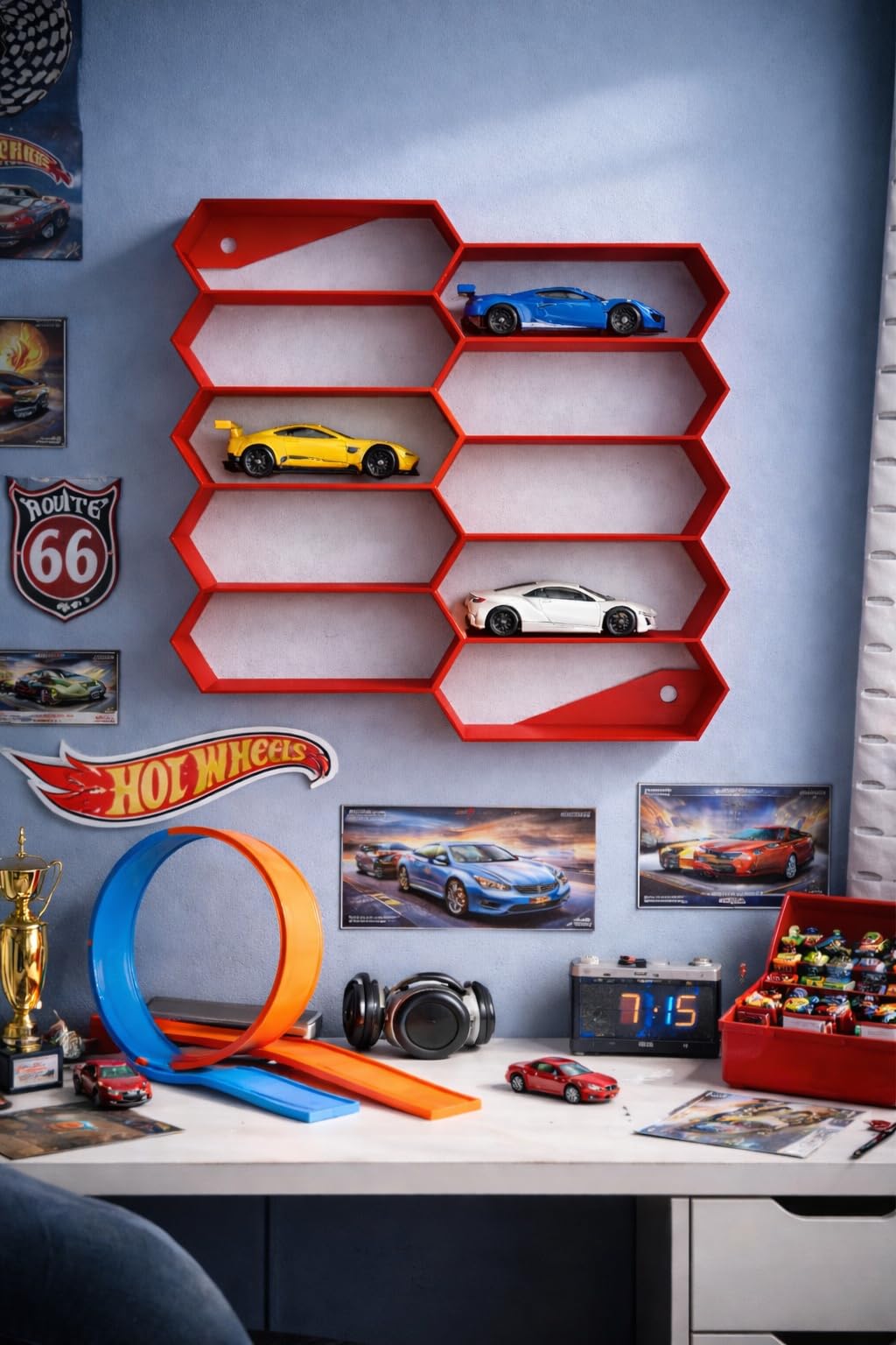 Apnatva 10-Car Hexagon Wall Rack Compatible with Hot Wheels Stand & 1:64 Die-Cast Cars | Stackable Wall Car Display Organizer with Side Guards & Screw Slot | Home & Office Decor (NO CAR INCLUDED)(Red)