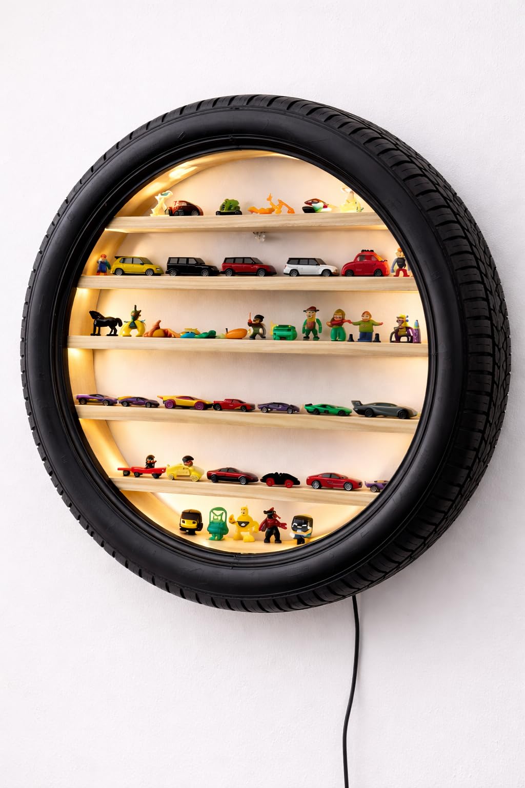 Apnatva™ 15-Inch Car Tyre Wooden Wall Hanging Lighting Tyre – Perfect for Home Decor, Hot Wheels Display, Kids’ Toys Stand & Birthday Gift (Without Toys) (Yellow)