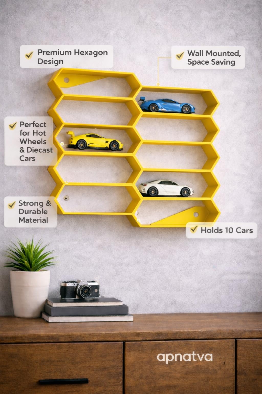 Apnatva 10-Car Hexagon Wall Rack Compatible with Hot Wheels Stand & 1:64 Die-Cast Cars | Stackable Wall Display Organizer with Side Guards & Screw Slot|Home & Office Decor (NO CAR INCLUDED)(Yellow)