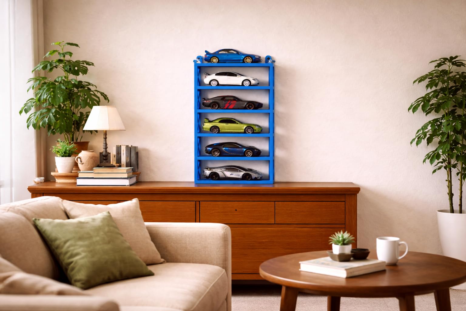 Apnatva 6-Car Display Rack – Premium Matte Black Tabletop Organizer with Tire Slots & Side Guards for 1:64 Scale Diecast Cars (Hot Wheels, Matchbox, Tomica,)(NO CAR INCLUDED) (Blue)
