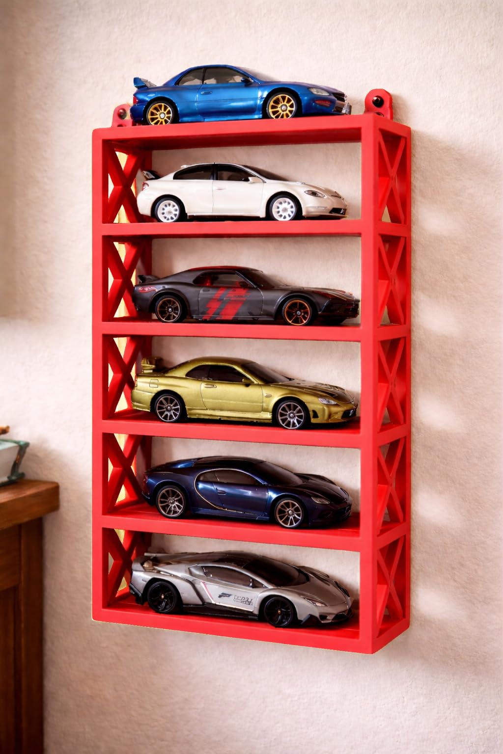 Apnatva 6-Car Display Rack – Premium Matte Black Tabletop Organizer with Tire Slots & Side Guards for 1:64 Scale Diecast Cars (Hot Wheels, Matchbox, Tomica,)(NO CAR INCLUDED) (Red)
