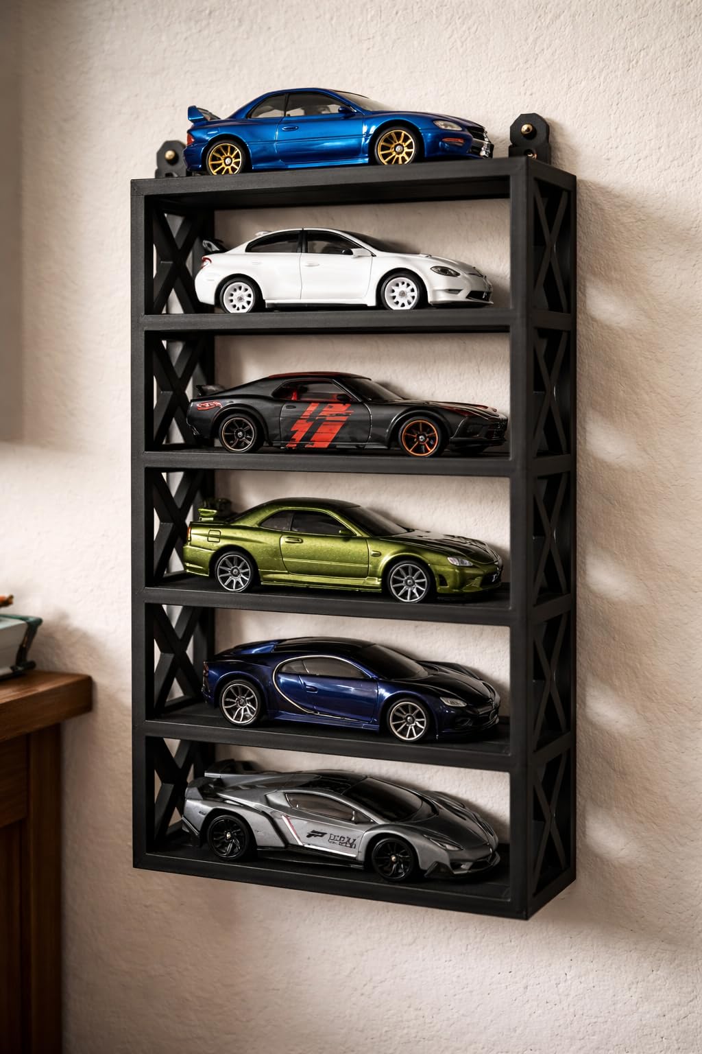 Apnatva 6-Car Display Rack – Premium Matte Black Tabletop Organizer with Tire Slots & Side Guards for 1:64 Scale Diecast Cars (Hot Wheels, Matchbox, Tomica,)(NO CAR INCLUDED)(Black)