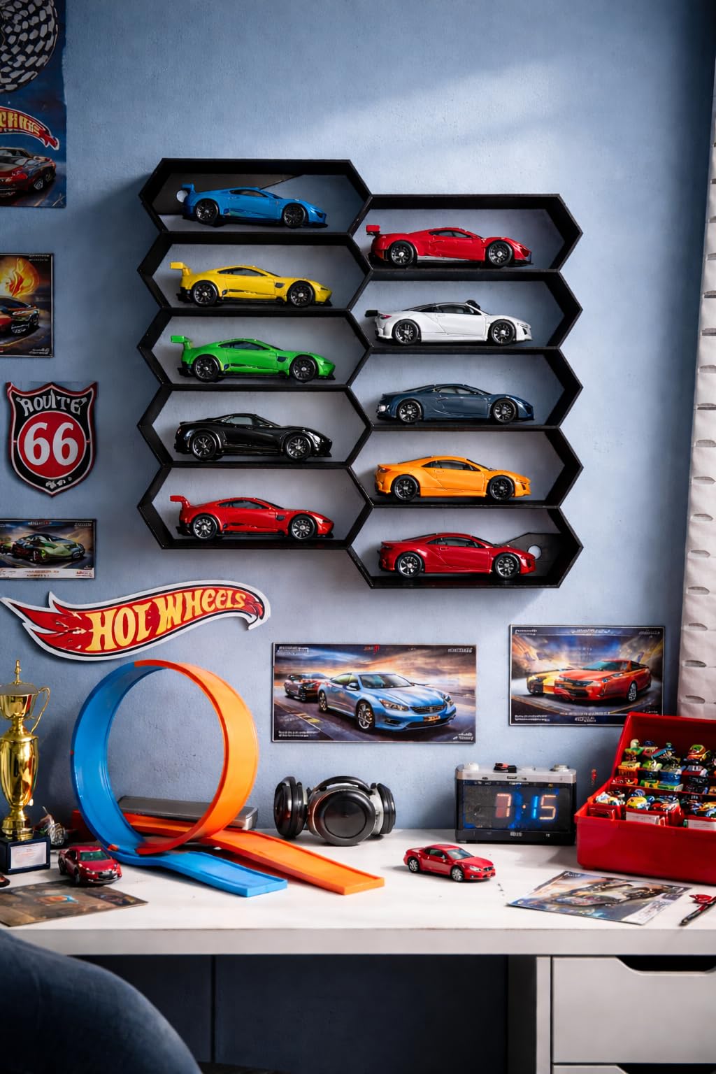 Apnatva 10-Car Hexagon Wall Rack Compatible with Hot Wheels Stand & 1:64 Die-Cast Cars | Stackable Wall Car Display Organizer with Side Guards & Screw Slot | Home & Office Decor (NO CAR INCLUDED)