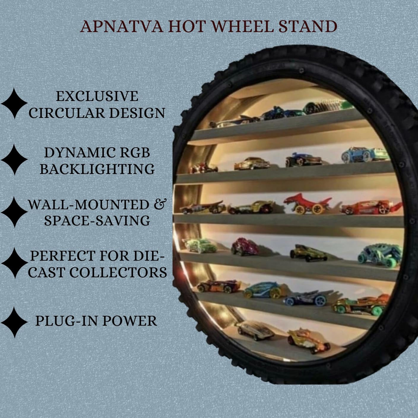 Apnatva 24 Inch Wooden Wall Hanging Lighting Tyre – Perfect for Home Decor, Hot Wheels Display, Kids’ Toys Stand & Birthday Gift (Without Toys) (Blue)