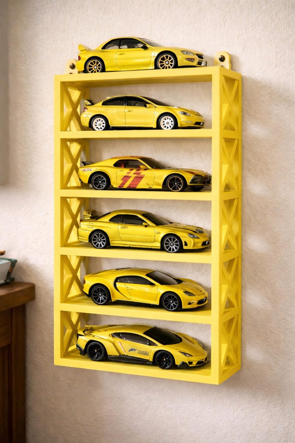 AApnatva 6-Car Display Rack – Premium Matte Black Tabletop Organizer with Tire Slots & Side Guards for 1:64 Scale Diecast Cars (Hot Wheels, Matchbox, Tomica,)(NO CAR INCLUDED) (Yellow)