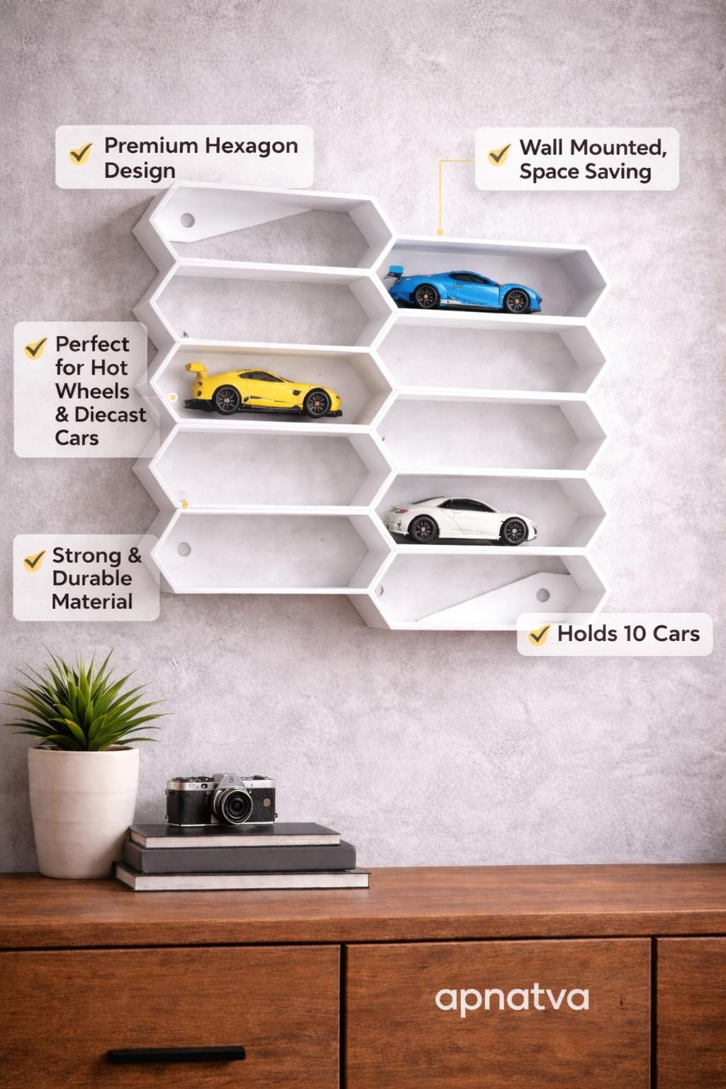 Apnatva 10-Car Hexagon Wall Rack Compatible with Hot Wheels Stand & 1:64 Die-Cast Cars | Stackable Wall Car Display Organizer with Side Guards & Screw Slot|Home & Office Decor (NO CAR INCLUDED)(White)