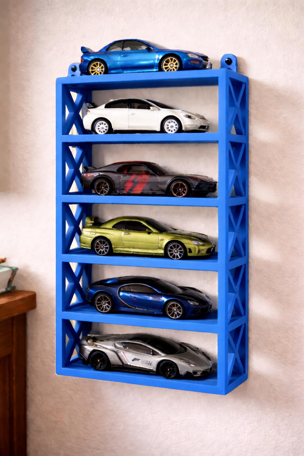Apnatva 6-Car Display Rack – Premium Matte Black Tabletop Organizer with Tire Slots & Side Guards for 1:64 Scale Diecast Cars (Hot Wheels, Matchbox, Tomica,)(NO CAR INCLUDED) (Blue)